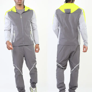 Ensemble de survêtement pour homme gris et jaune, avec blocs de couleur, fermeture éclair intégrale, pantalon de jogging sportif à capuche, poches latérales, idéal pour l'automne, en polyester mi-lourd - Product Image 1