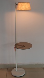 Minimalist Metal Floor Lamp with Beige Wood Shade and Glass Side <b>Table</b> <b>Adjustable</b> Height E27 LED 2700K Warm White Light - Product Image 5