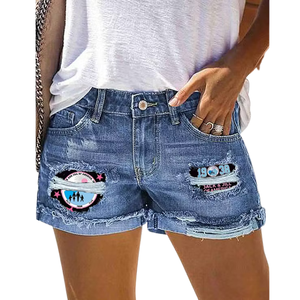 Blue Fashion Print Ripped Denim Shorts <b>Women</b> Casual Summer <b>Jeans</b> Shorts Distressed Style Streetwear Trendy Bottoms Apparel - Product Image 1