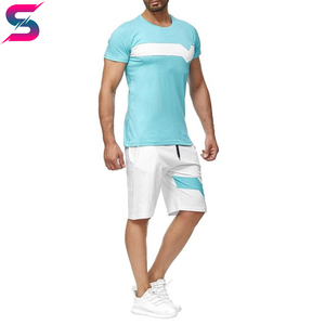 Conjunto de Camiseta y Pantalones Cortos de Verano para Hombre, Cómodo, Casual, Cuello Redondo, Bloques de Color Azul Claro y Blanco, Tejido Transpirable - Product Image 2