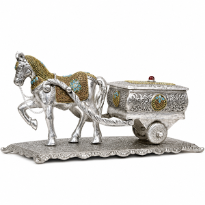 Centre de table royal indien traditionnel en métal gaufré, motif chariot de chevaux et pierre sculptée, décoration de luxe artisanale - Product Image 2