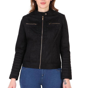 Women's Black <b>Suede</b> Moto <b>Jacket</b> With Zipper Closure Stand Collar Full Sleeve Autumn Style - Product Image 3