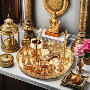 Juego de 10 piezas de latón Pooja Thali, decoración de templo de mesa de 12 pulgadas para Diwali Pooja y decoraciones festivas - Product Image 1
