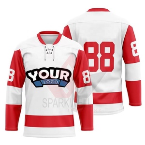 Maillot de hockey sur glace personnalisé pour homme, blanc, noir, rouge, col en V, manches longues, impression sublimée, maille respirante, numéro d'équipe sur le devant, 3D - Product Image 3