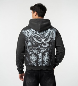 เสื้อฮู้ดดี้โลโก้แบบยูนิเซ็กซ์สั่งทำพิเศษ ผ้าฝ้าย 100% หนัก 400 GSM ปักลายกราฟิกแบบครอปทรงสี่เหลี่ยม ซิปหน้า แต่งด้วยคริสตัล - Product Image 6