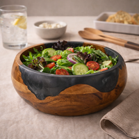 Bol à salade décoratif rond en bois d'acacia fait main avec résine époxy gris brun naturel, idéal pour les fêtes, les festivals et la décoration intérieure