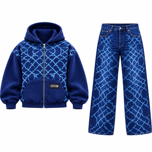 Conjunto de Sudadera con Capucha Oversize Unisex de Felpa Francesa Azul Sólido con Cremallera y Jeans de Mezclilla Casual Estilo Urbano con Bolsillo Delantero Transpirable - Product Image 1