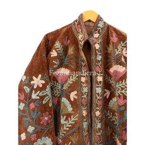 เสื้อแจ็กเก็ตผ้าฝ้ายถักสำหรับผู้หญิงฤดูใบไม้ร่วงผ้ากำมะหยี่สีน้ำตาลและเสื้อโค้ทสั้นปักลายดอกไม้พร้อมซับใน - Product Image 1