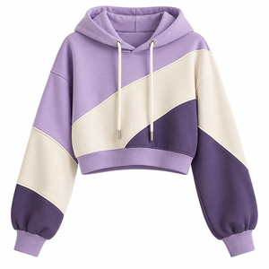 Sweat-shirt à capuche court en polaire color block pour femme, manches lanternes, avec cordon de serrage et poches, style décontracté streetwear hiver - Product Image 6