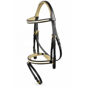 Bridon de cheval en cuir noir de qualité supérieure avec accents rembourrés crème, surpiqûres blanches élégantes et boucles dorées pour l'équitation - Product Image 1