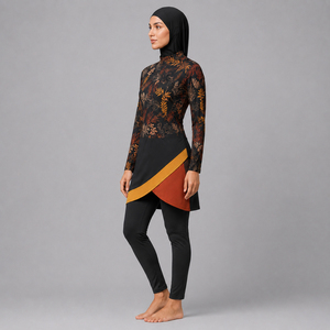High Quality Designer 3-Piece Muslim <b>Burkini</b> Set Women Modest Luxury Fall Leaf Print <b>Swimwear</b> Full Coverage Islamic Swim Suit - Product Image 3