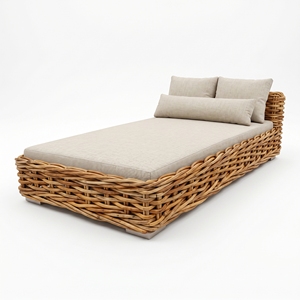 Sofá Cama Kamassan de Madera de Caoba con Ratán y Tela Daphnie, Muebles de Exterior Premium Estilo Resort, Conjuntos de Asientos para Patio - Product Image 1