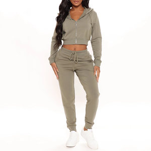 Women Olive Green Hooded Tracksuit Set Full Sleeve <b>Zipper</b> Crop <b>Top</b> With Drawstring Pants Casual Autumn Wear - Product Image 1