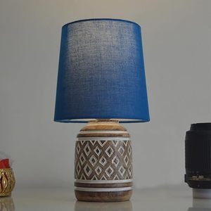 Modern <b>Table</b> Lamp <b>Blue</b> Fabric Shade Decorative <b>Bedside</b> Light Wooden Texture Base for Living Room Bedroom - Product Image 2