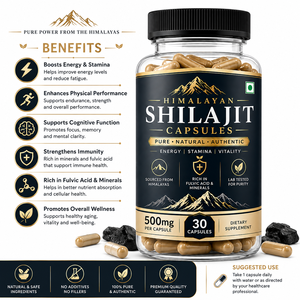 Extrait de Shilajit de l'Himalaya OEM 50:1 en capsules de 500 mg, 30 capsules de Shilajit de qualité supérieure avec 50 % d'acide fulvique et des oligo-éléments - Product Image 2
