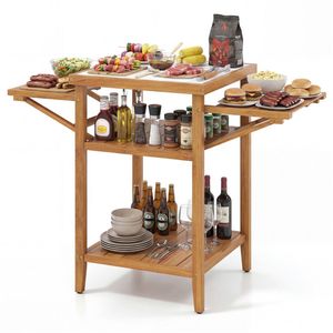 Acacia Wood Outdoor Grill <b>Table</b> with Drop Leaf <b>BBQ</b> Prep Station Faux Marble Resin Top - Product Image 1