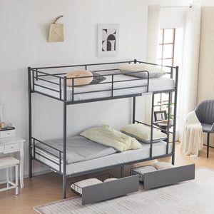 Letto a Castello Convertibile Stabile con 2 Cassetti Grigi per Stoccaggio, Letto a Soppalco in Metallo Divisibile in Due Letti Singoli - Product Image 5