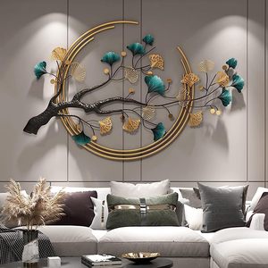 Décoration murale moderne en métal écologique, motif arbre de Ginkgo rond, design de branche avec feuilles dorées et turquoise, idéal pour Diwali - Product Image 4