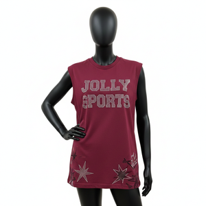 Débardeur sans manches pour femme en jersey de coton marron, coupe décontractée, avec motif graphique en strass et logo personnalisé, chemises en coton sans manches pour femme - Product Image 1