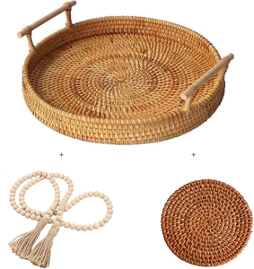 Made From Natural Rattan Home Decorative Round Tray For Home & Hotel Tabletop Organizer <b>Snacks</b> & Dessert Serving Tray - Product Image 3