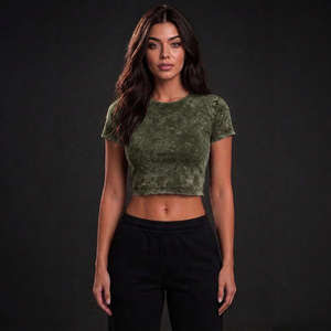 Women's Olive <b>Green</b> <b>Crop</b> <b>Top</b> Short Sleeve Crew Neck Slim Fit Knitted Cotton Casual T-Shirt Spring Summer - Product Image 1