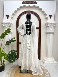 White <b>Sequin</b> Embroidered Salwar Kameez Set Faux Georgette Crepe Silk Dupatta Wedding Party Women - Product Image 3