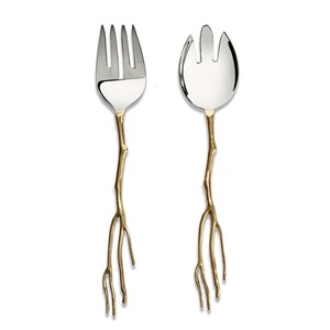 Ensemble de fourchettes et cuillères à salade Golden Branch Design, en acier inoxydable poli miroir, style vintage, pour la vaisselle de mariage - Product Image 6