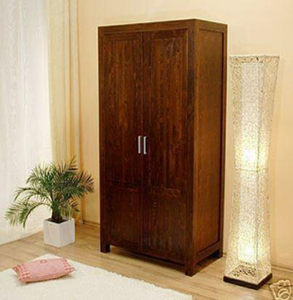 Golden teak finish three door wooden wardrobe with woven pattern door panels, side <b>mirror</b>, and lower cabinet, at wholesale. - Product Image 2