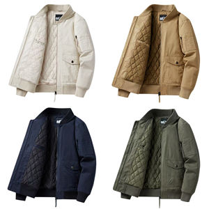 เสื้อแจ็คเก็ตบอมเบอร์ผู้ชายสำหรับฤดูใบไม้ร่วงและฤดูหนาว ทรงเข้ารูป คอตั้ง กันลม มีกระเป๋าหลายช่อง ซิปปิดด้านหน้า ผ้าฝ้ายย้อมสีพื้น - Product Image 5