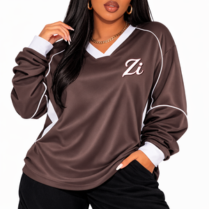 Camiseta de Fútbol Americano para Mujer, Talla Grande, Color Marrón, Malla Transpirable, Manga Larga, Poliéster, Estilo Urbano, Panel en Contraste, Marca Privada - Product Image 4