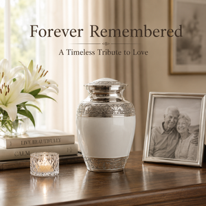 Urna Funeraria de Aluminio Blanca y Plateada de Primera Calidad para Cenizas Humanas |   Urna Funeraria Conmemorativa Grabada a Mano |   Decorativo para Adultos - Product Image 2