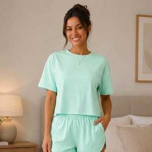 Ensemble short rayé 2 pièces pour femme, t-shirt à manches courtes, coupe ample, col rond, décontracté, printemps-été, 100 % coton tricoté respirant - Product Image 4