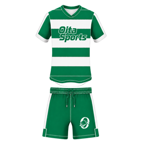 Conjunto de Uniforme de Rugby Verde Esmeralda y Blanco de Manga Corta, Jersey de Rugby a Rayas con Cuello Redondo, Pantalones Cortos con Cordón, Rendimiento Atlético - Product Image 1