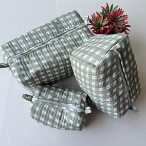 กระเป๋าใส่เครื่องสำอางผ้าฝ้ายลายตารางสีเขียว ชุดกระเป๋าใส่เครื่องสำอางแบบพับได้ กระเป๋าเก็บของขนาดใหญ่ ลายเรขาคณิตเรียบง่าย - Product Image 2