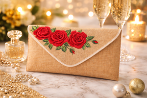 Elegante Bolso de Mano Tipo Sobre de Yute con Bordado de Rosa Roja, Ecológico, para la Noche, para Mujer - Product Image 2