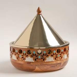 Tajín marroquí decorativo hecho a mano de madera y latón con tapa, artículo de regalo para decoración del hogar islámico de Ramadán. - Product Image 1