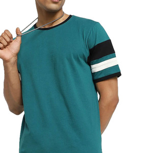 Camiseta de Manga Corta Color Verde Azulado para Hombre con Mangas a Rayas en Contraste, Cuello Redondo, Estilo Casual, Tejido de Punto - Product Image 2