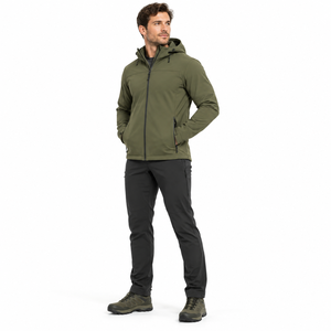 Men's Dark Green Hooded Waterproof Softshell Jacket Stand Collar Full <b>Zip</b> Casual Outdoor Windbreaker Regular Fit Men's Jacket - Product Image 3