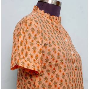 Chemisier d'été décontracté à col mandarin et manches courtes, coupe classique, imprimé floral vintage, 100 % coton lavable, touche féminine - Product Image 5