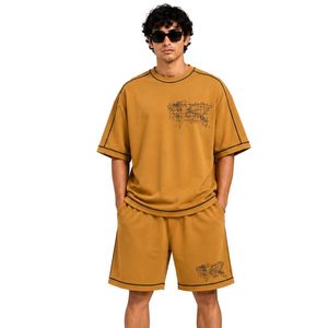 Mustard Yellow Mens Oversized <b>T</b> <b>Shirt</b> And Shorts Set Graphic Print Crew Neck Casual Streetwear Summer Two Piece Outfit Wholesale - Product Image 2