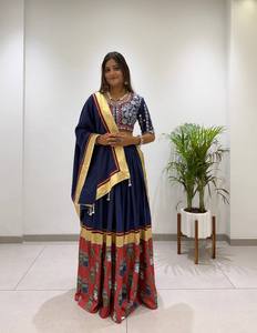 Traditional Indian Pakistani Women's Cotton Dress Set Navy Blue Red Embroidered Floor-Length Regular Fit All Seasons - Product Image 1