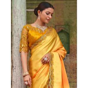 Hermoso amarillo bordado satén fiesta desgaste sari con blusa - Product Image 5