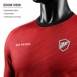 ชุดฟุตบอลชายคุณภาพสูง BIN FATEH สีแดงดำ พิมพ์ลายแบบ Sublimation ระบายอากาศได้ดี ผลิตจากโพลีเอสเตอร์ ขนาดผู้ใหญ่ รับผลิตแบบ OEM คุณภาพดีที่สุด ปี 2026 - Product Image 6