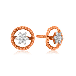 Boucles d'oreilles clous circulaires florales en or rose 14 carats avec diamants de laboratoire ronds, bijoux fins contemporains de créateur pour femmes, vente en gros - Product Image 2