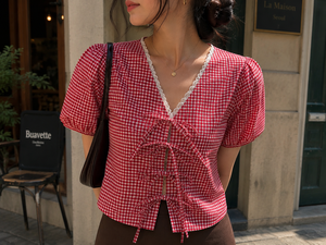 Women <b>Red</b> Plaid V Neck Blouse Puff Sleeve <b>Top</b> With <b>Lace</b> Trim Tie Front Vintage Spring Summer Casual Fashion Wear - Product Image 5