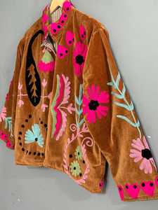 Premium Rich Brown <b>Velvet</b> <b>Women's</b> Suzani <b>Jacket</b> Hand Embroidered Bohemian <b>Women</b> Coat Uzbek Traditional Embroidery Winter Blazer - Product Image 4