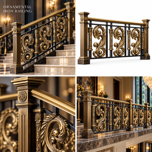 Barandilla de Bronce Negro con Paneles Decorativos Dorados, Postes Acanalados y Pasamanería Ornamental para Escaleras - Product Image 5