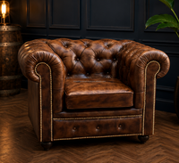 Canapé Chesterfield une place en cuir véritable, dossier capitonné, accoudoirs roulés, pieds en bois massif, fauteuil lounge vintage pour chambre à coucher