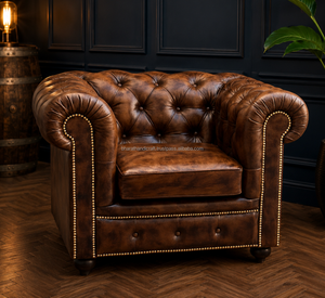 Chesterfield Single Seater Genuine Leather Sofa Tufted Backrest <b>Rolled</b> Arms Solid Wood Legs Vintage Lounge Chair for Bedroom - Product Image 6