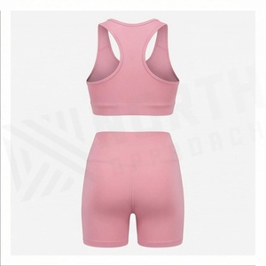 North Approach 2 Piece Yoga Set Racerback <b>Crop</b> <b>Top</b> High Waist Shorts Solid <b>Pink</b> Breathable Seamless Sportswear - Product Image 2